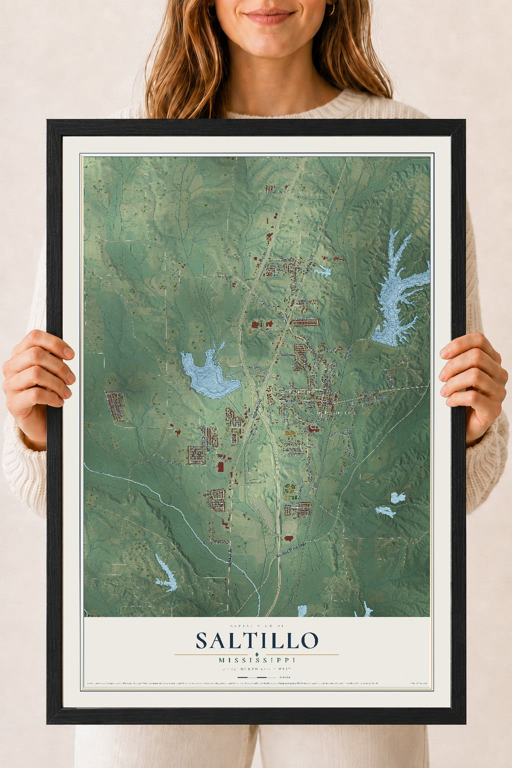 Map of Saltillo, Mississippi, 18 x 24 inch print in a black wood frame