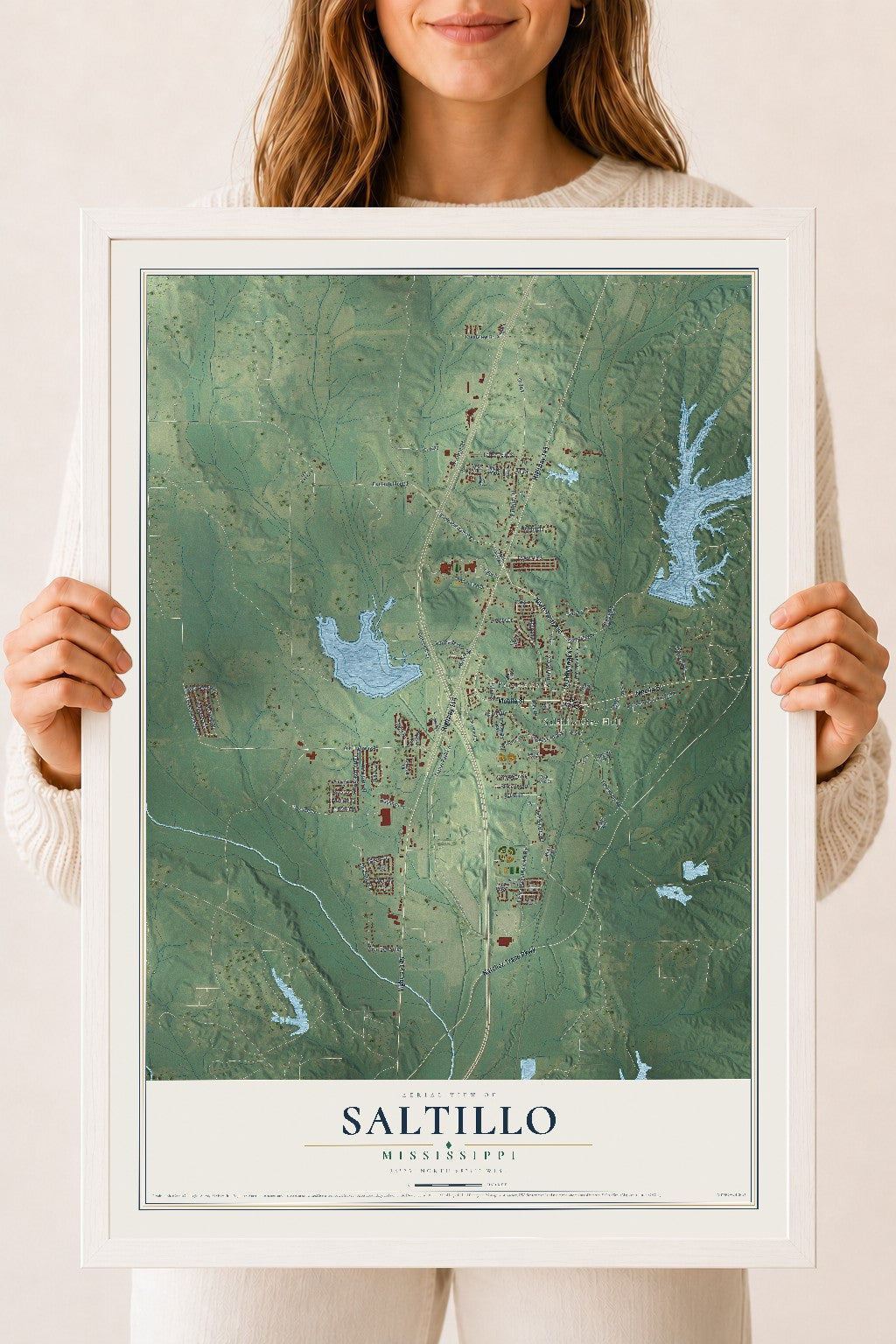 Map of Saltillo, Mississippi, 18 x 24 inch print in a white wood frame
