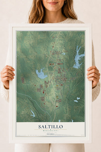 Map of Saltillo, Mississippi, 18 x 24 inch print in a white wood frame