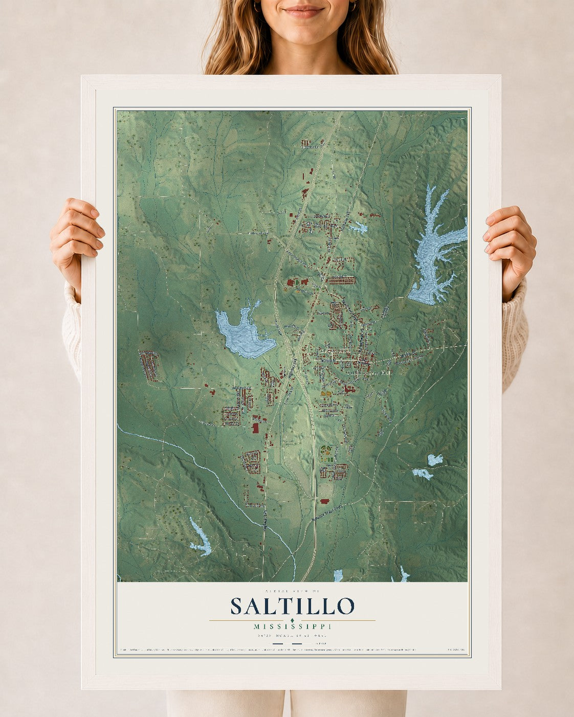 Map of Saltillo, Mississippi, 24 x 36 inch print in a white wood frame