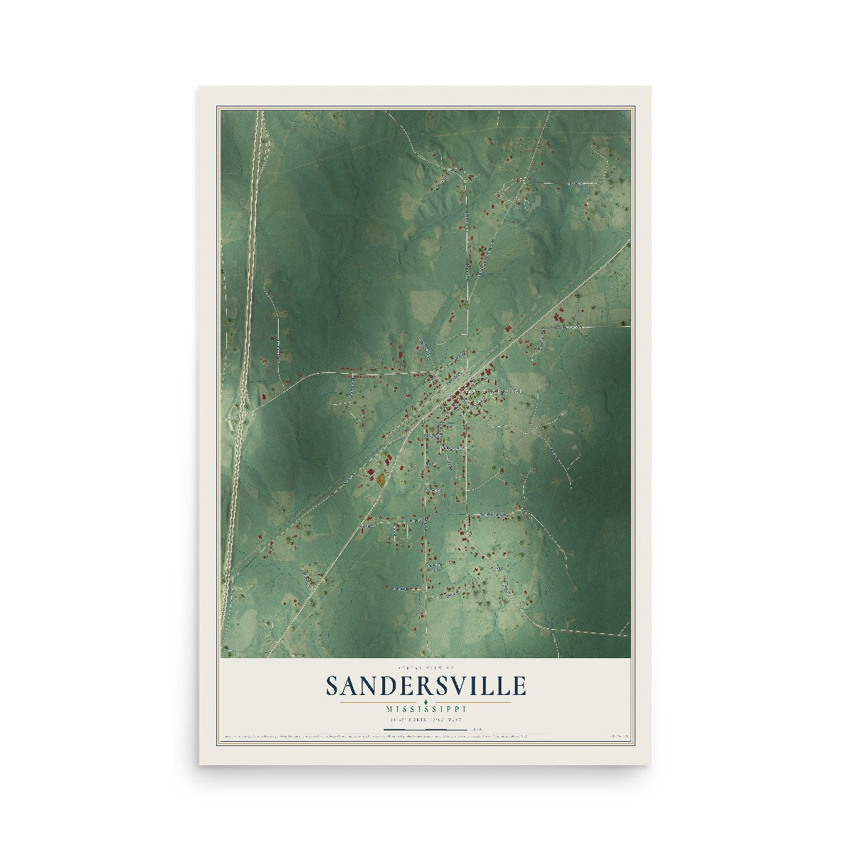 Map of Sandersville, Mississippi, 12 x 18 inch unframed archival matte print