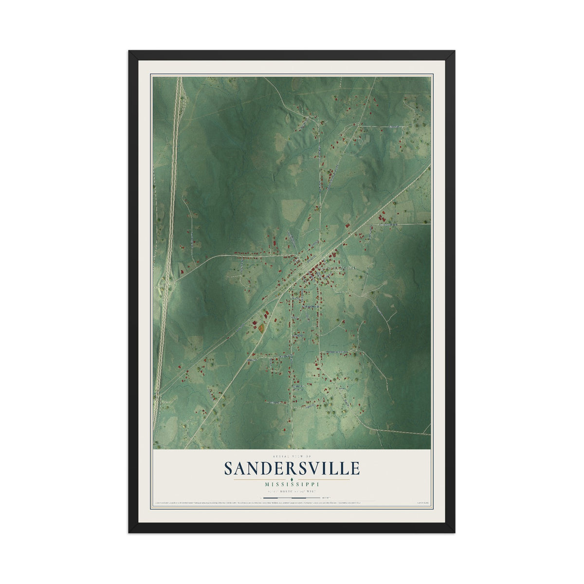 Map of Sandersville, Mississippi, 12 x 18 inch print in a black wood frame