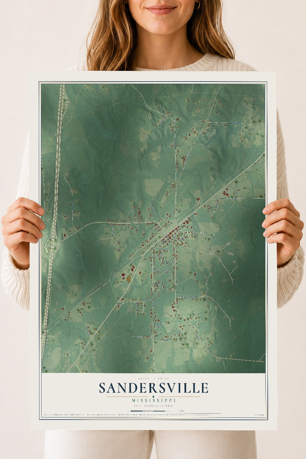 Map of Sandersville, Mississippi, 18 x 24 inch unframed archival matte print