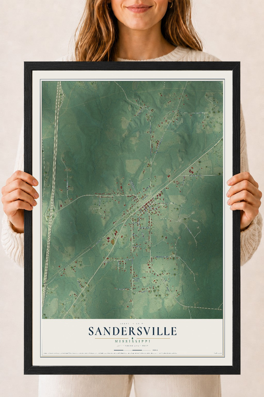 Map of Sandersville, Mississippi, 18 x 24 inch print in a black wood frame