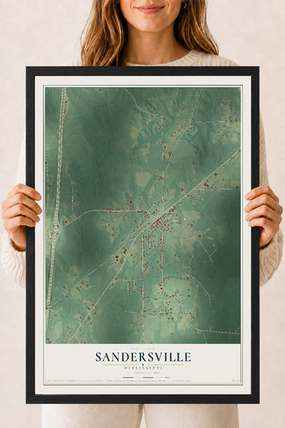 Map of Sandersville, Mississippi, 18 x 24 inch print in a black wood frame
