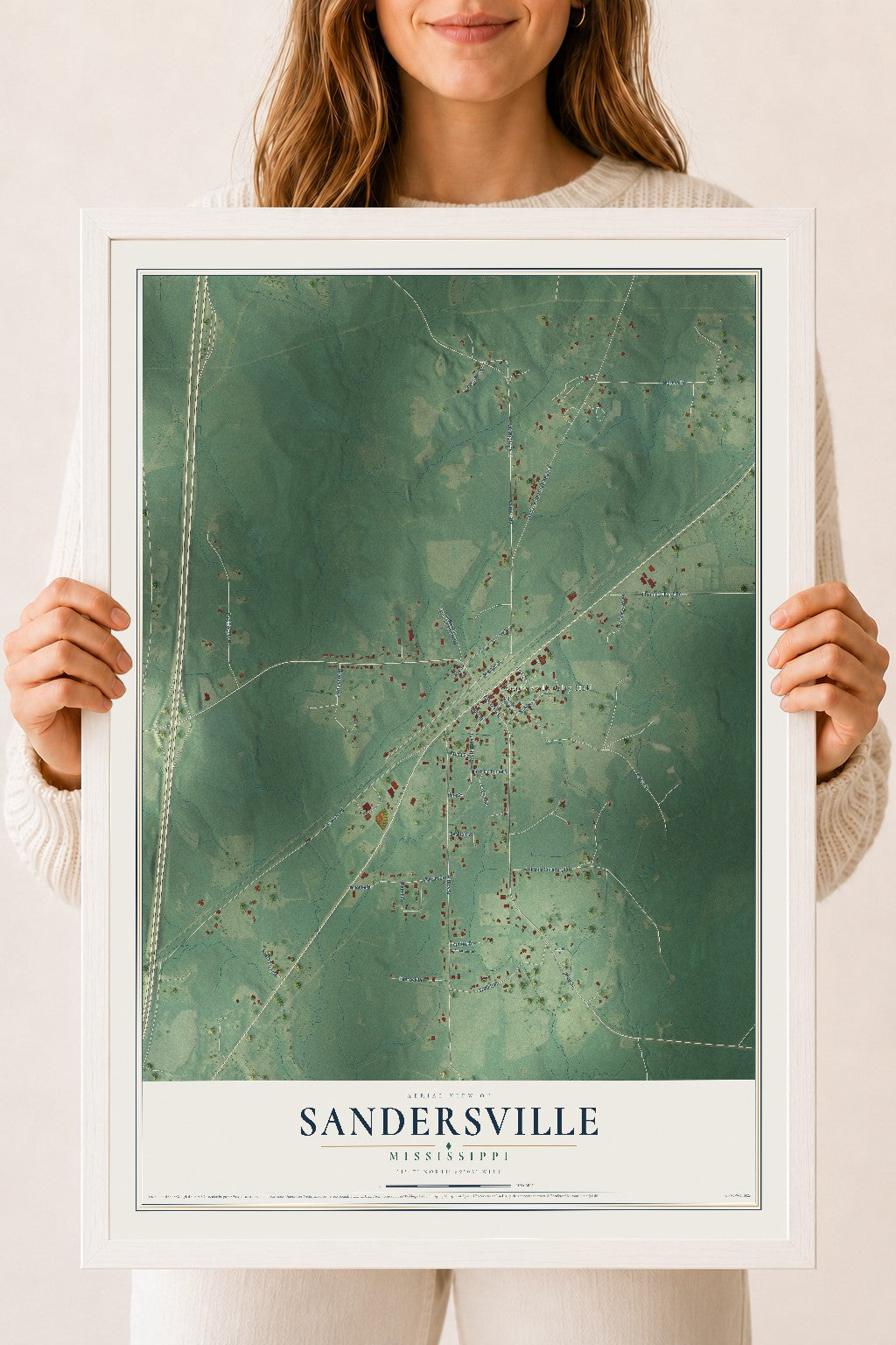 Map of Sandersville, Mississippi, 18 x 24 inch print in a white wood frame
