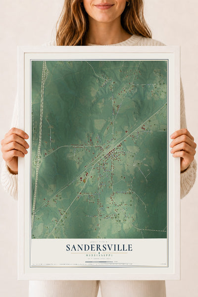 Map of Sandersville, Mississippi, 18 x 24 inch print in a white wood frame