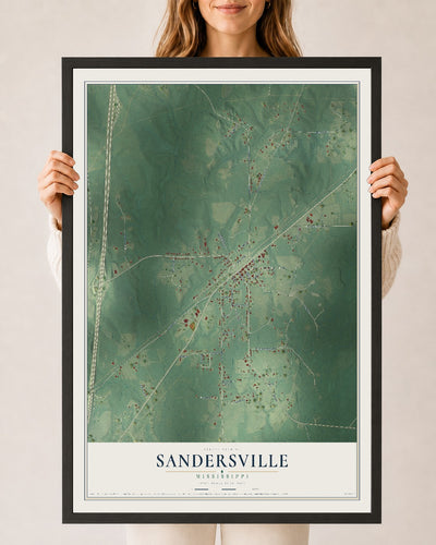 Map of Sandersville, Mississippi, 24 x 36 inch print in a black wood frame