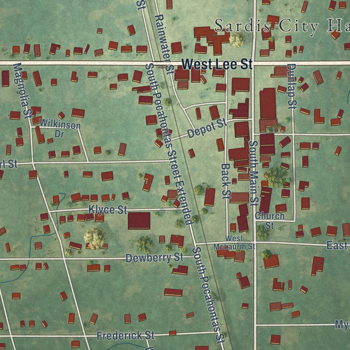 Close-up of the map of Sardis, Mississippi print showing street and building detail