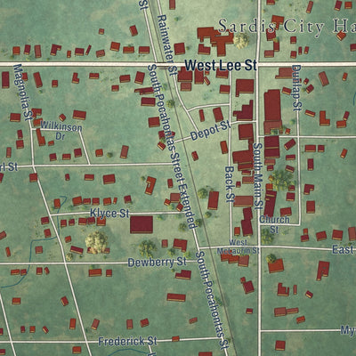 Close-up of the map of Sardis, Mississippi print showing street and building detail