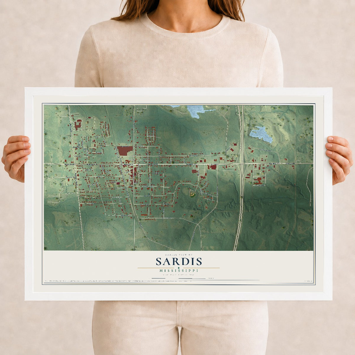 Map of Sardis, Mississippi, 12 x 18 inch print in a white wood frame