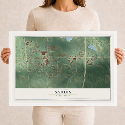 Map of Sardis, Mississippi, 12 x 18 inch print in a white wood frame