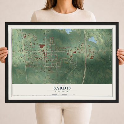 Map of Sardis, Mississippi, 18 x 24 inch print in a black wood frame