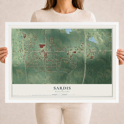 Map of Sardis, Mississippi, 18 x 24 inch print in a white wood frame