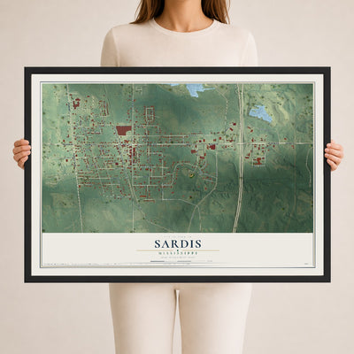 Map of Sardis, Mississippi, 24 x 36 inch print in a black wood frame