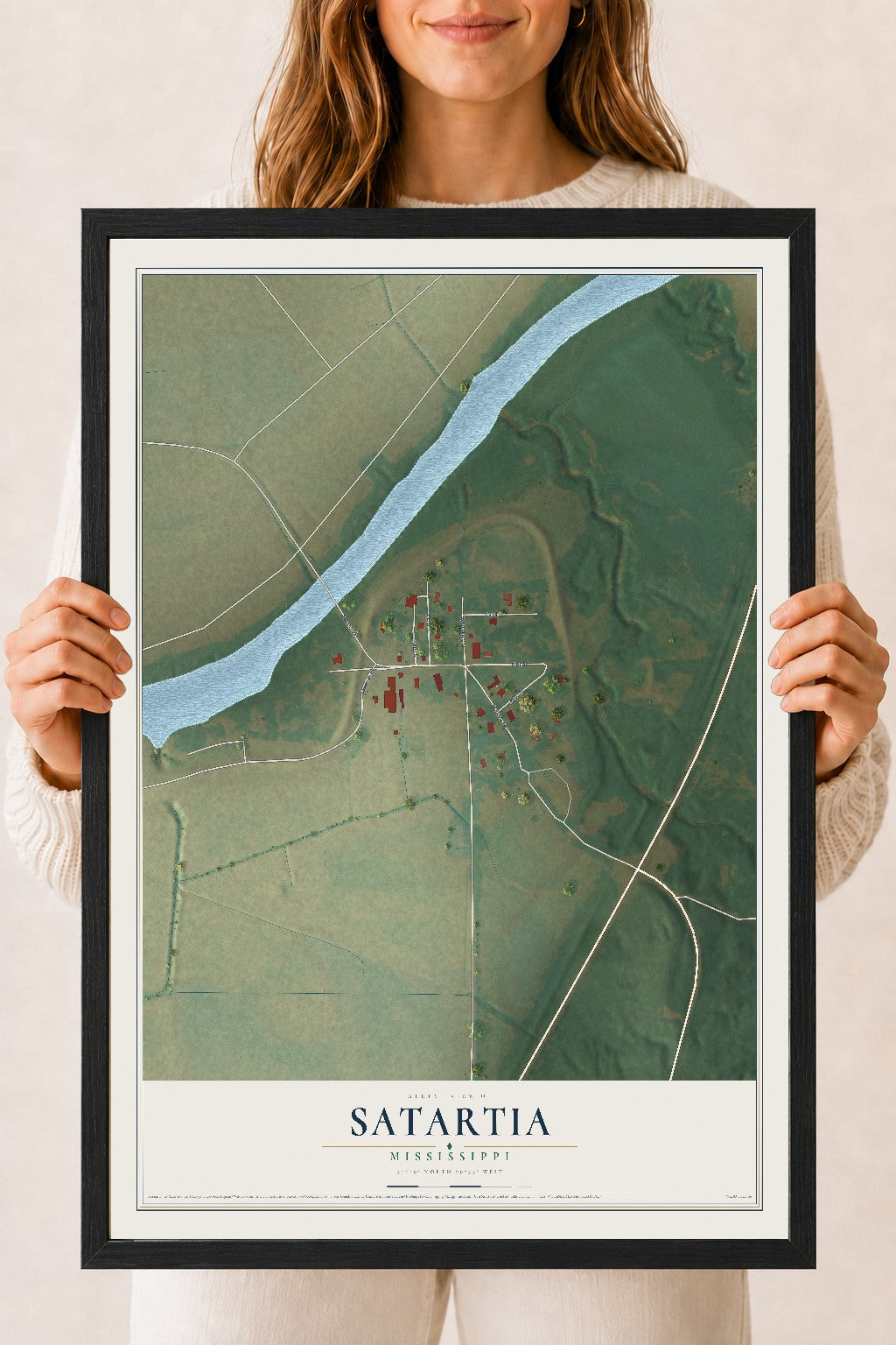 Map of Satartia, Mississippi, 18 x 24 inch print in a black wood frame