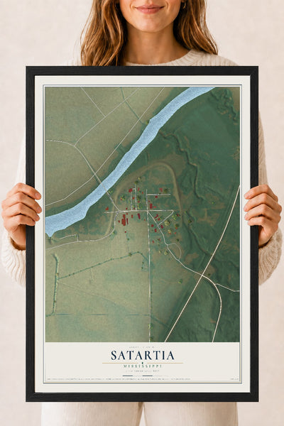 Map of Satartia, Mississippi, 18 x 24 inch print in a black wood frame