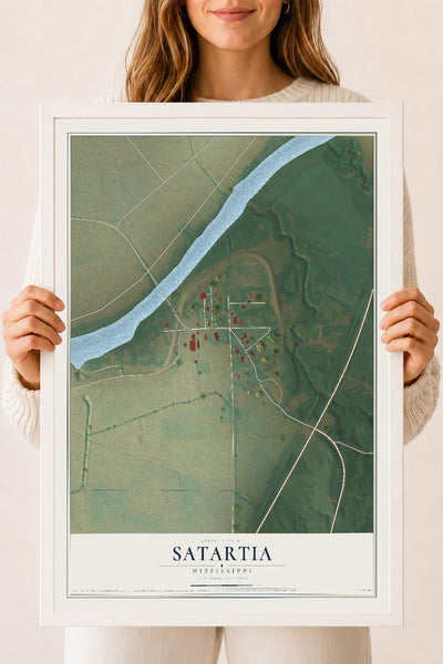 Map of Satartia, Mississippi, 18 x 24 inch print in a white wood frame