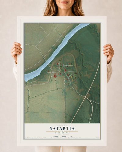 Map of Satartia, Mississippi, 24 x 36 inch print in a white wood frame
