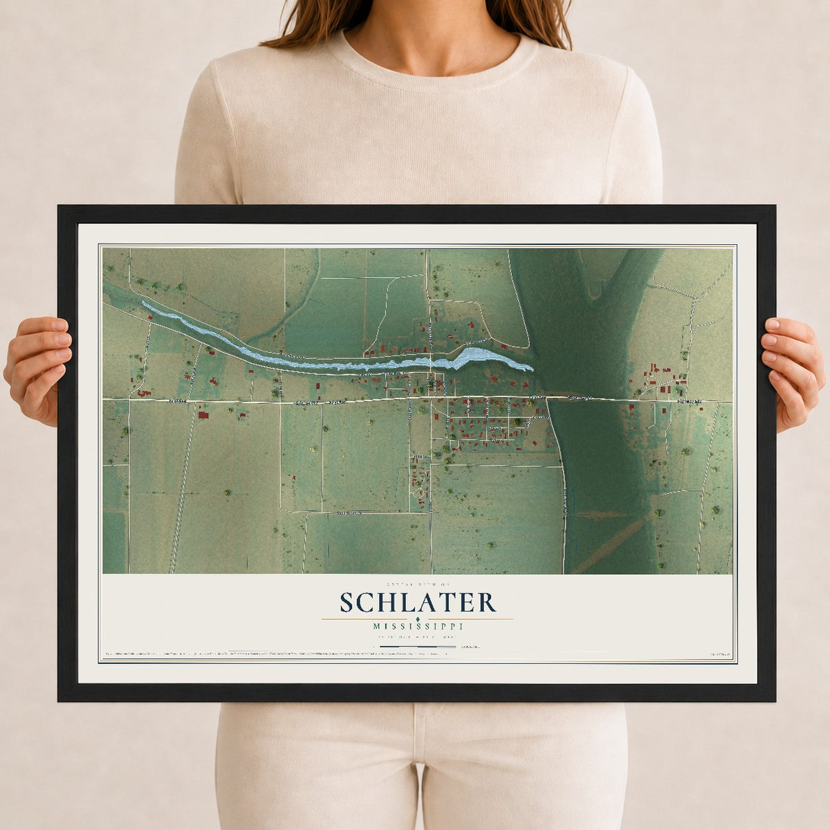 Map of Schlater, Mississippi, 12 x 18 inch print in a black wood frame