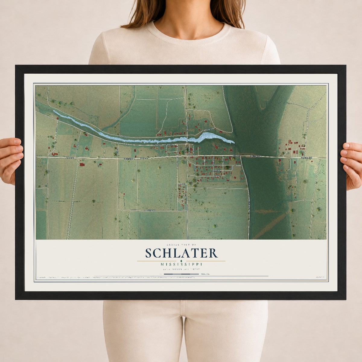 Map of Schlater, Mississippi, 18 x 24 inch print in a black wood frame