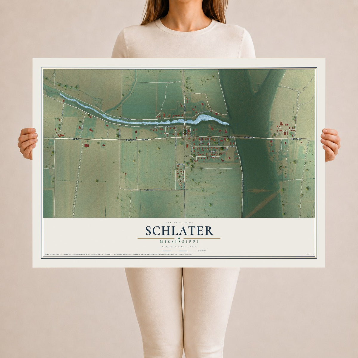 Map of Schlater, Mississippi, 24 x 36 inch unframed archival matte print