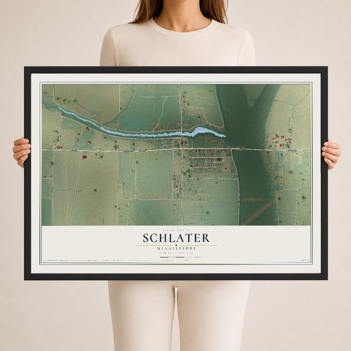 Map of Schlater, Mississippi, 24 x 36 inch print in a black wood frame