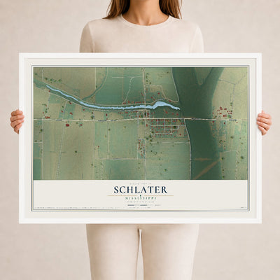 Map of Schlater, Mississippi, 24 x 36 inch print in a white wood frame