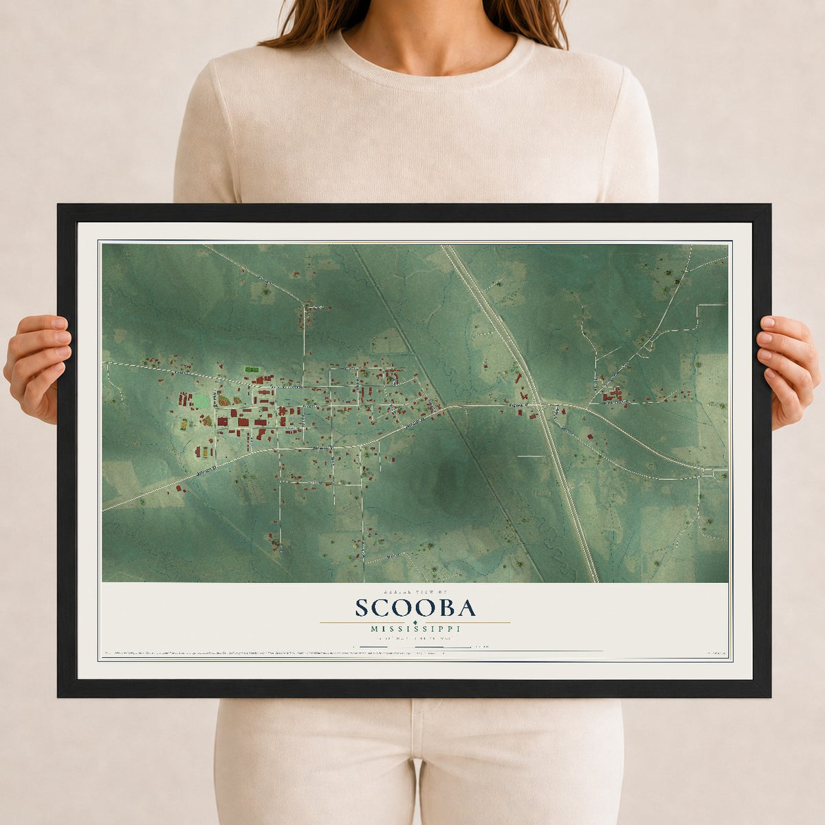 Map of Scooba, Mississippi, 12 x 18 inch print in a black wood frame