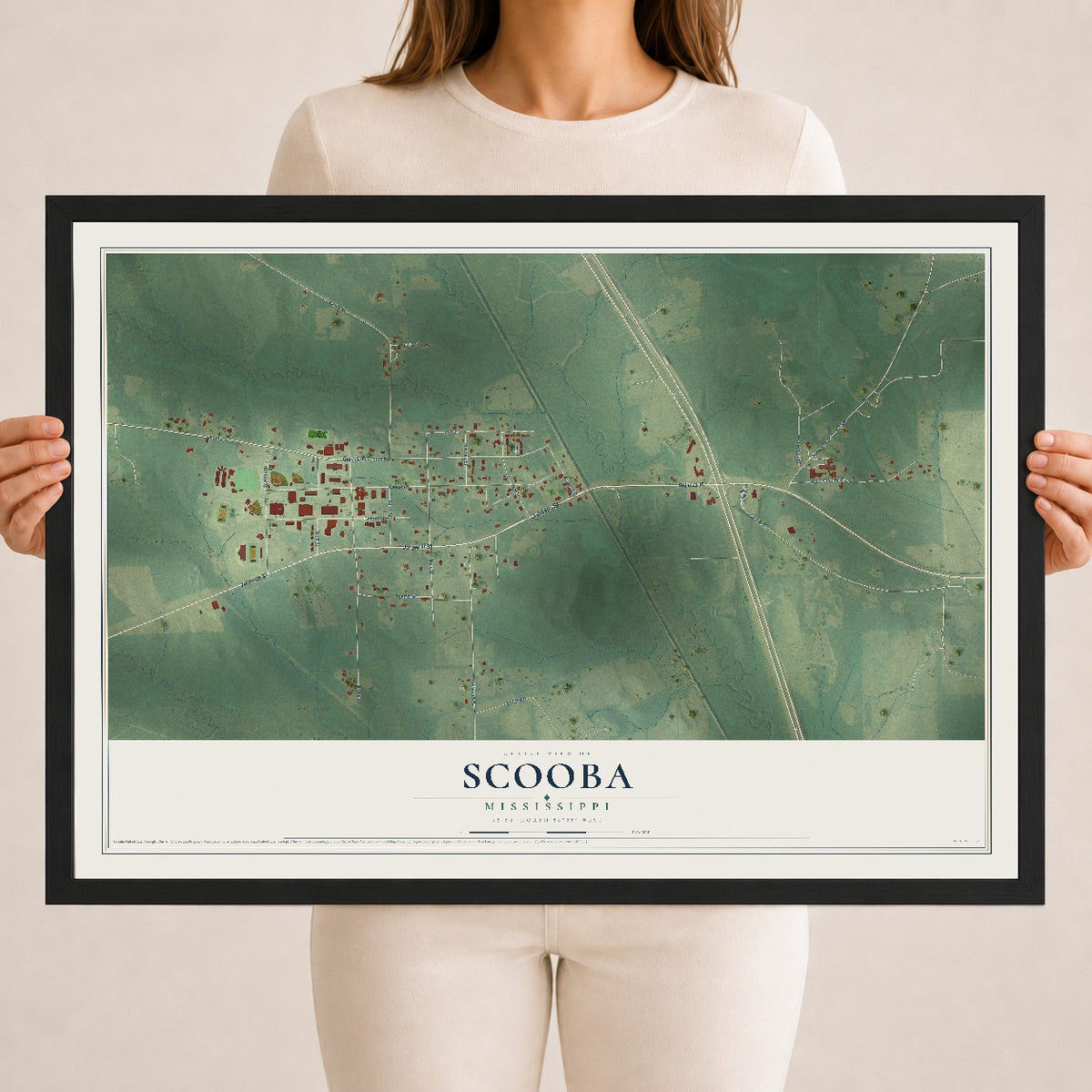 Map of Scooba, Mississippi, 18 x 24 inch print in a black wood frame