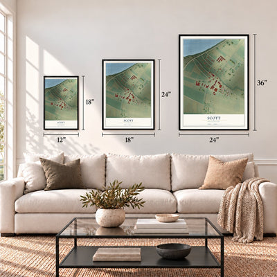 Scott, Mississippi map in 12 x 18, 18 x 24 and 24 x 36 inch sizes above a sofa