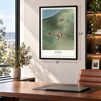Scott, Mississippi map, 18 x 24 inch print in a black frame in a home office