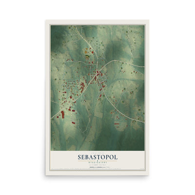 Map of Sebastopol, Mississippi, 12 x 18 inch unframed archival matte print