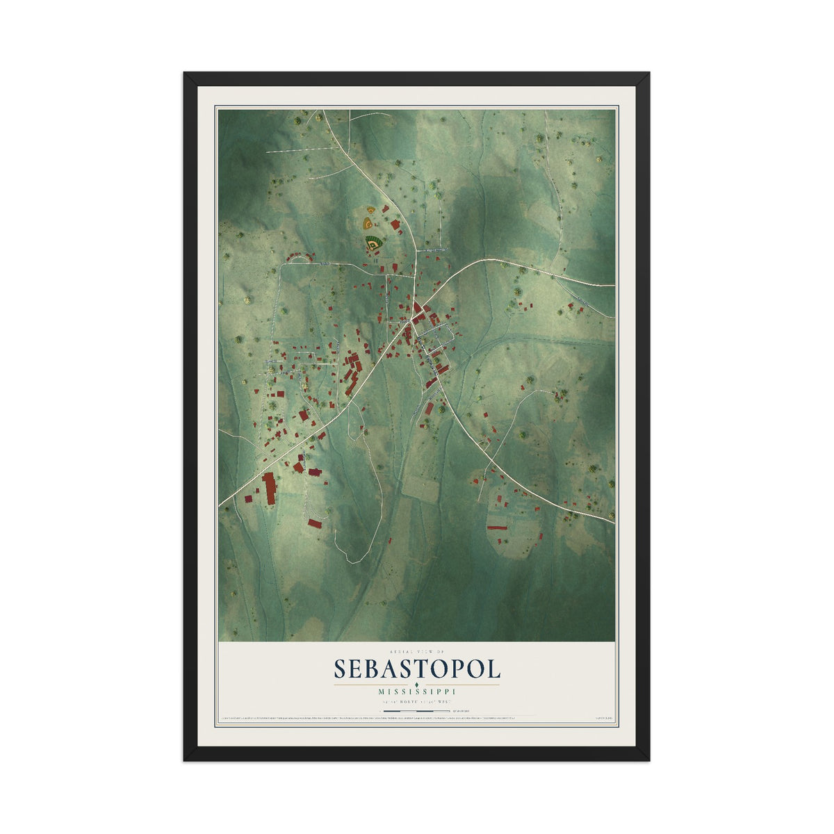 Map of Sebastopol, Mississippi, 12 x 18 inch print in a black wood frame