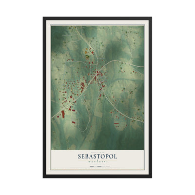 Map of Sebastopol, Mississippi, 12 x 18 inch print in a black wood frame
