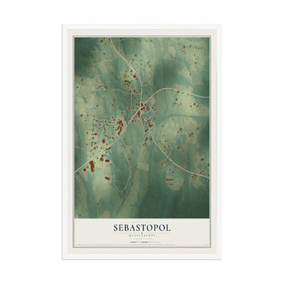 Map of Sebastopol, Mississippi, 12 x 18 inch print in a white wood frame