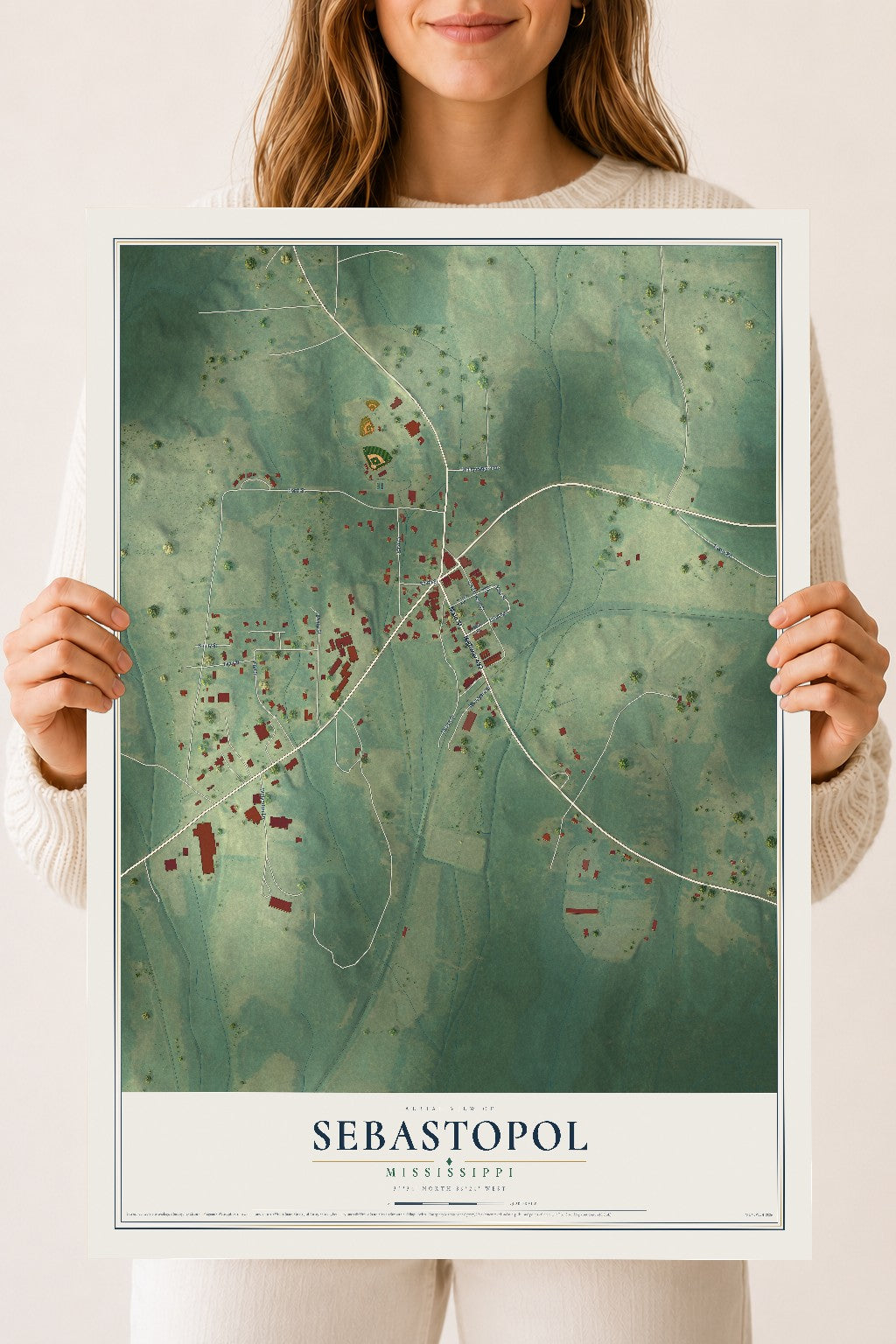 Map of Sebastopol, Mississippi, 18 x 24 inch unframed archival matte print