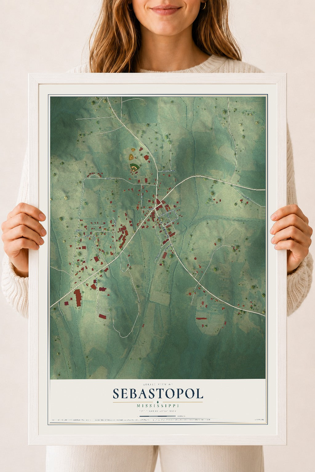Map of Sebastopol, Mississippi, 18 x 24 inch print in a white wood frame