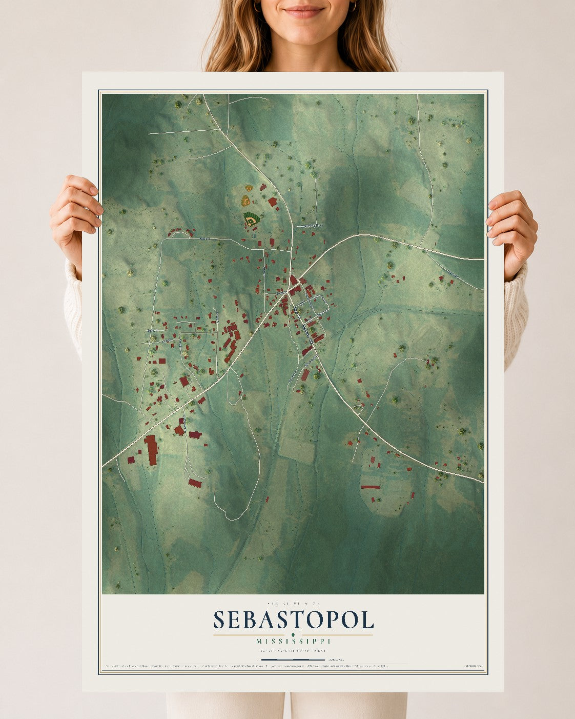 Map of Sebastopol, Mississippi, 24 x 36 inch unframed archival matte print