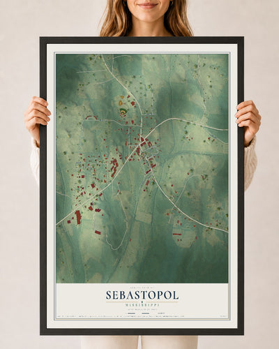 Map of Sebastopol, Mississippi, 24 x 36 inch print in a black wood frame