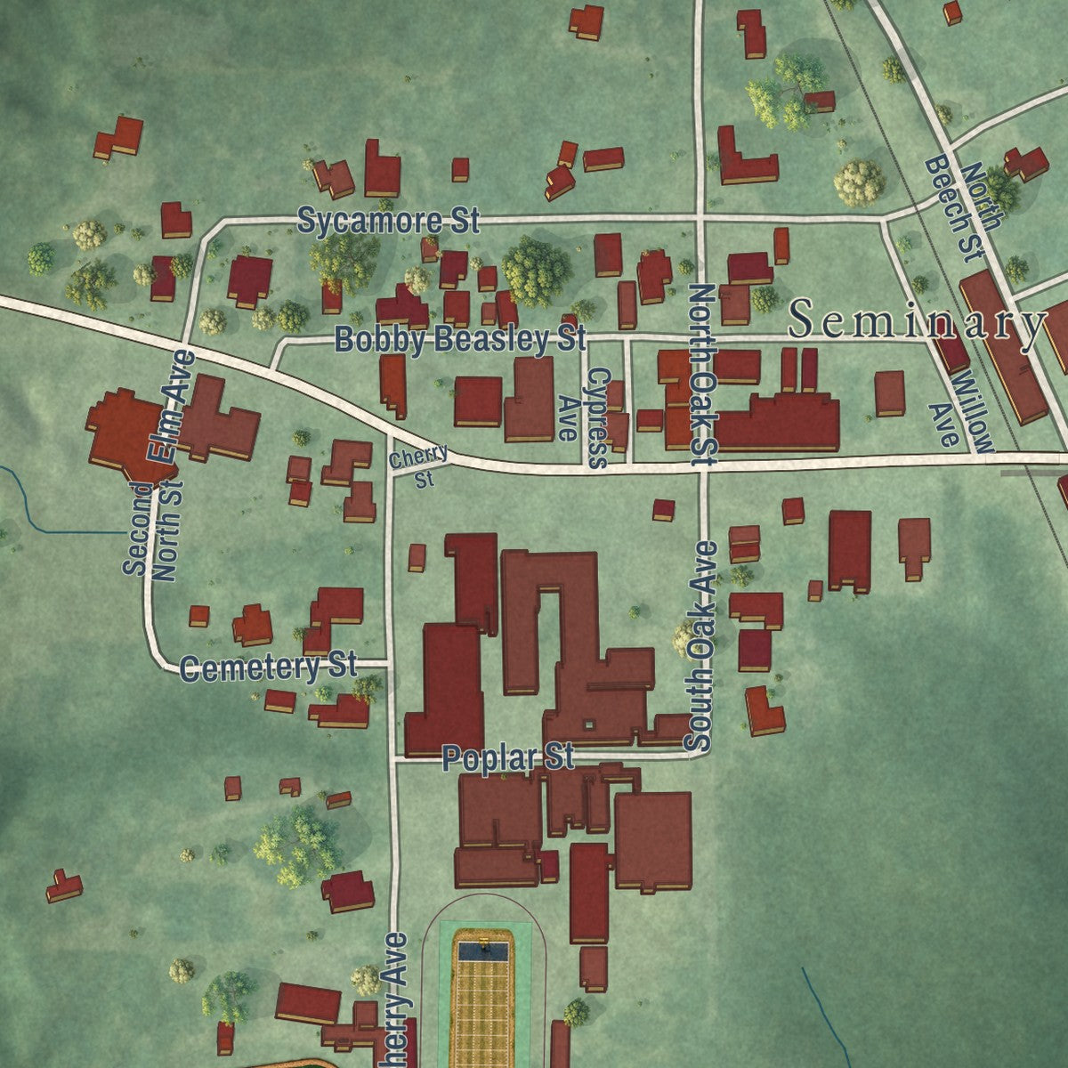 Close-up of the map of Seminary, Mississippi print showing street and building detail