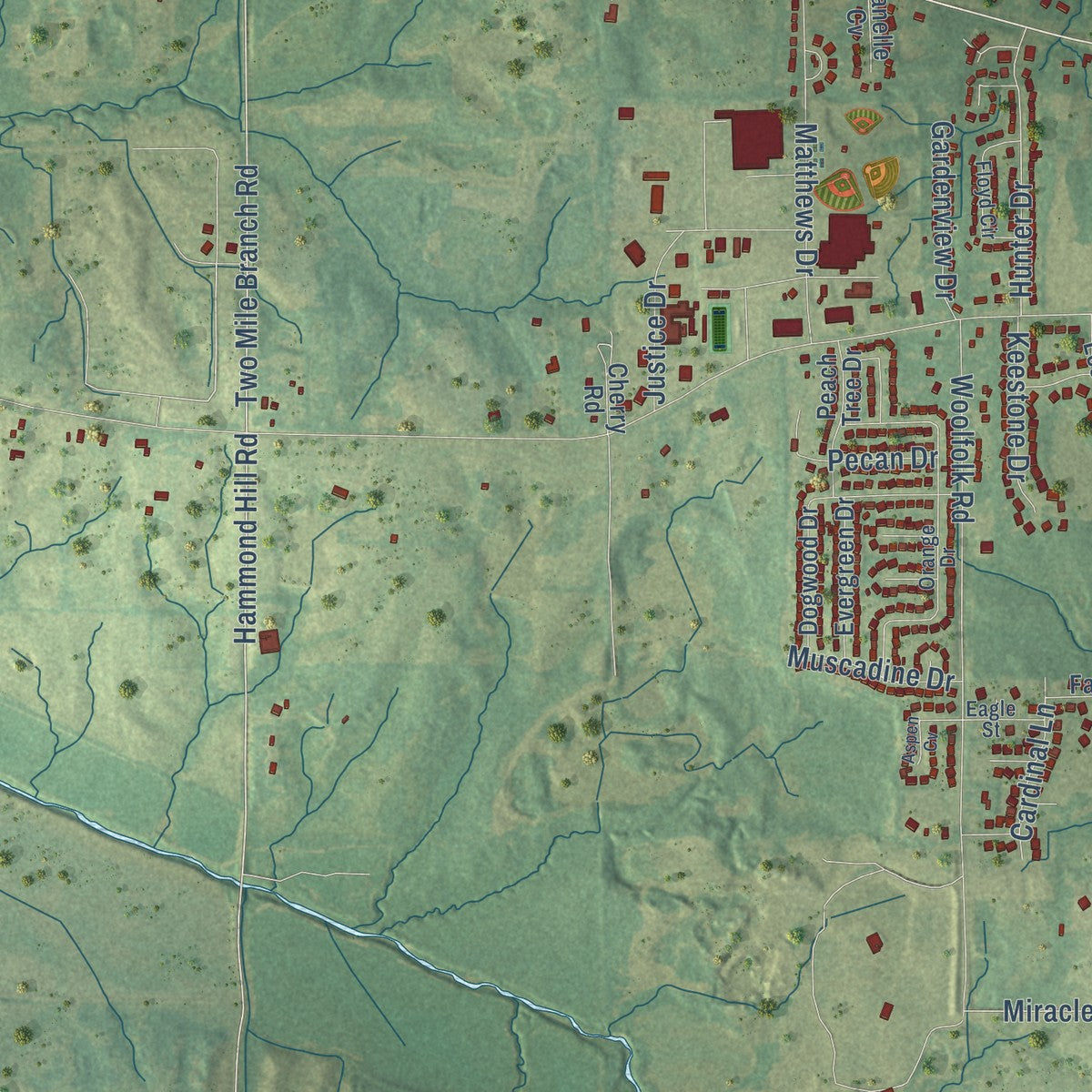 Second close-up of the map of Senatobia, Mississippi print showing more streets and buildings