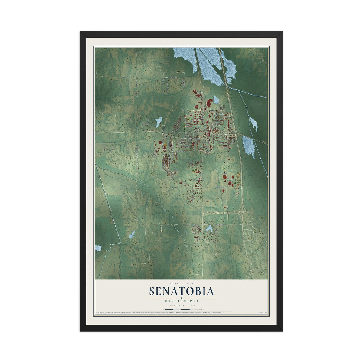 Map of Senatobia, Mississippi, 12 x 18 inch print in a black wood frame