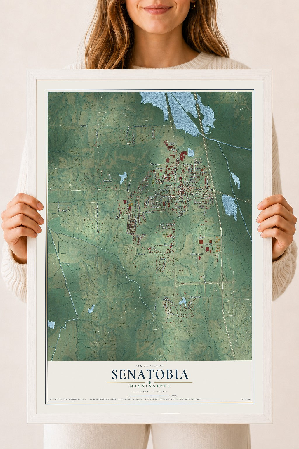 Map of Senatobia, Mississippi, 18 x 24 inch print in a white wood frame