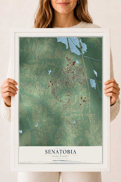 Map of Senatobia, Mississippi, 18 x 24 inch print in a white wood frame
