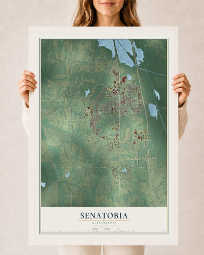 Map of Senatobia, Mississippi, 24 x 36 inch print in a white wood frame