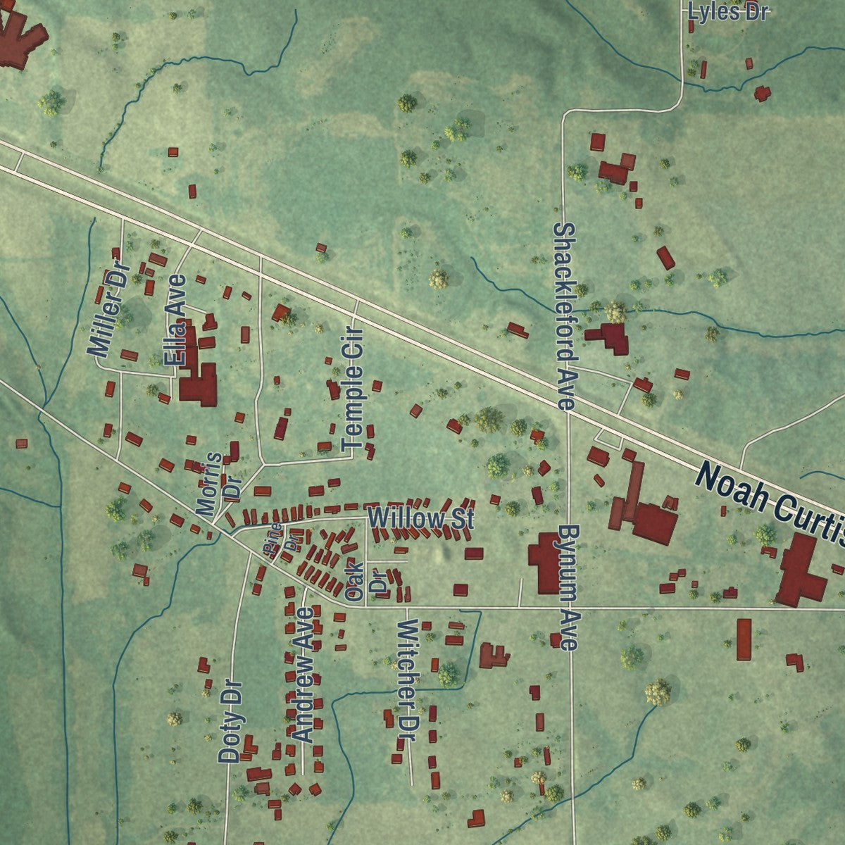 Second close-up of the map of Shannon, Mississippi print showing more streets and buildings