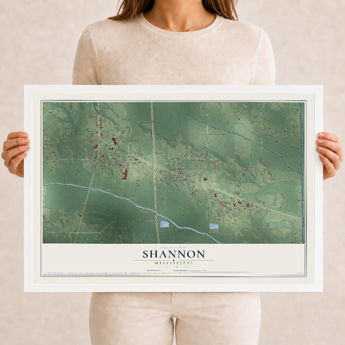 Map of Shannon, Mississippi, 12 x 18 inch print in a white wood frame