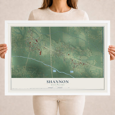 Map of Shannon, Mississippi, 18 x 24 inch print in a white wood frame