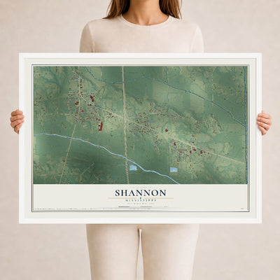 Map of Shannon, Mississippi, 24 x 36 inch print in a white wood frame